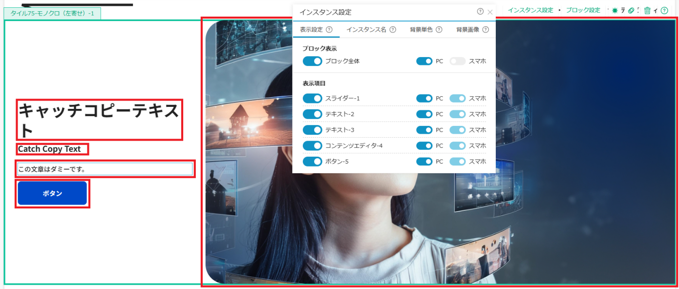 インスタンス設定を開く画面
